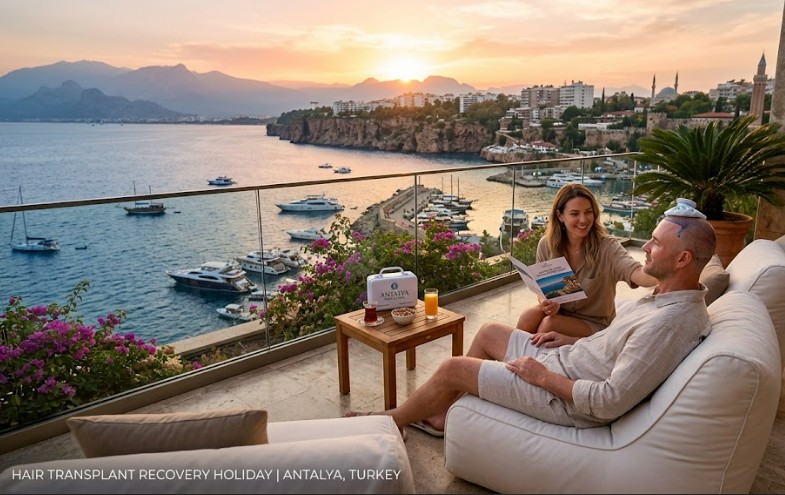 Hair Transplant Recovery Holiday in Antalya, Turkey with luxury hotel stay, Sapphire FUE hair transplant, VIP transfers, seaside recovery, and personalized medical tourism services. Hair Transplant Recovery Holiday in Antalya, Turkey